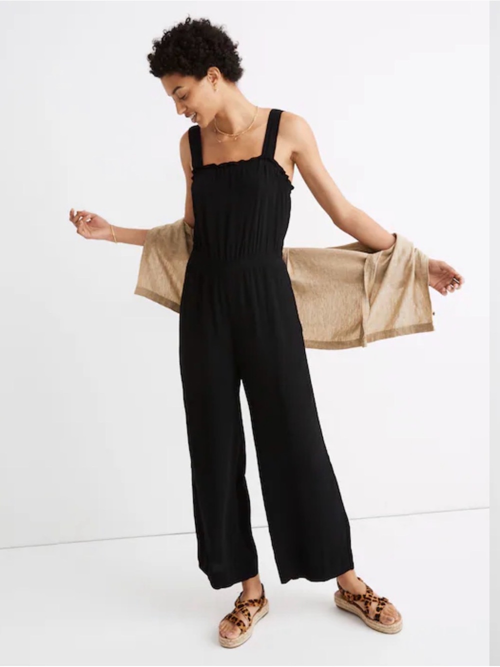 Madewell Black Smocked-Waist Wide-Leg Jumpsuit - Size 8 - Viscose Sleeveless